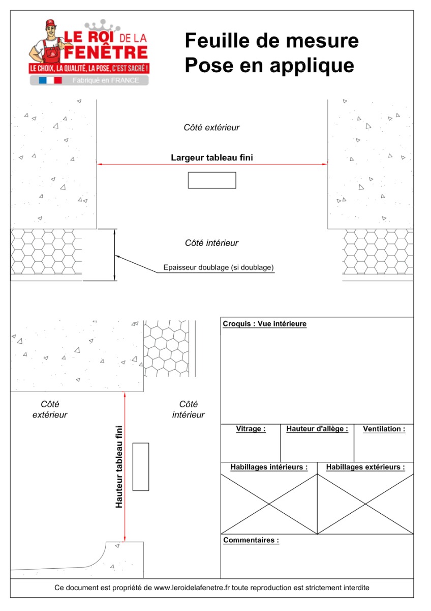 fiche metre prise de mesure pose en applique le roi de la fenetre